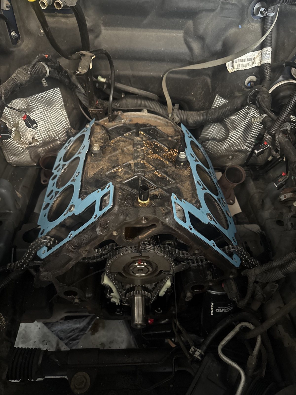 Engine with both heads removed and new blue head gaskets laid on the decks